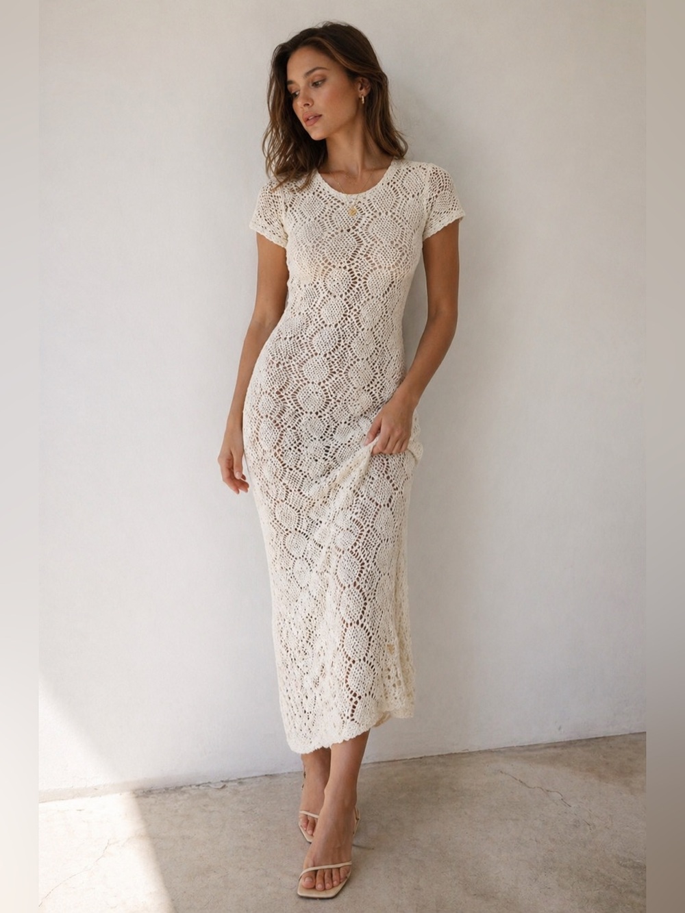 Vintage 90s Newport News Cream Lace / Crochet Sheath Midi Dress